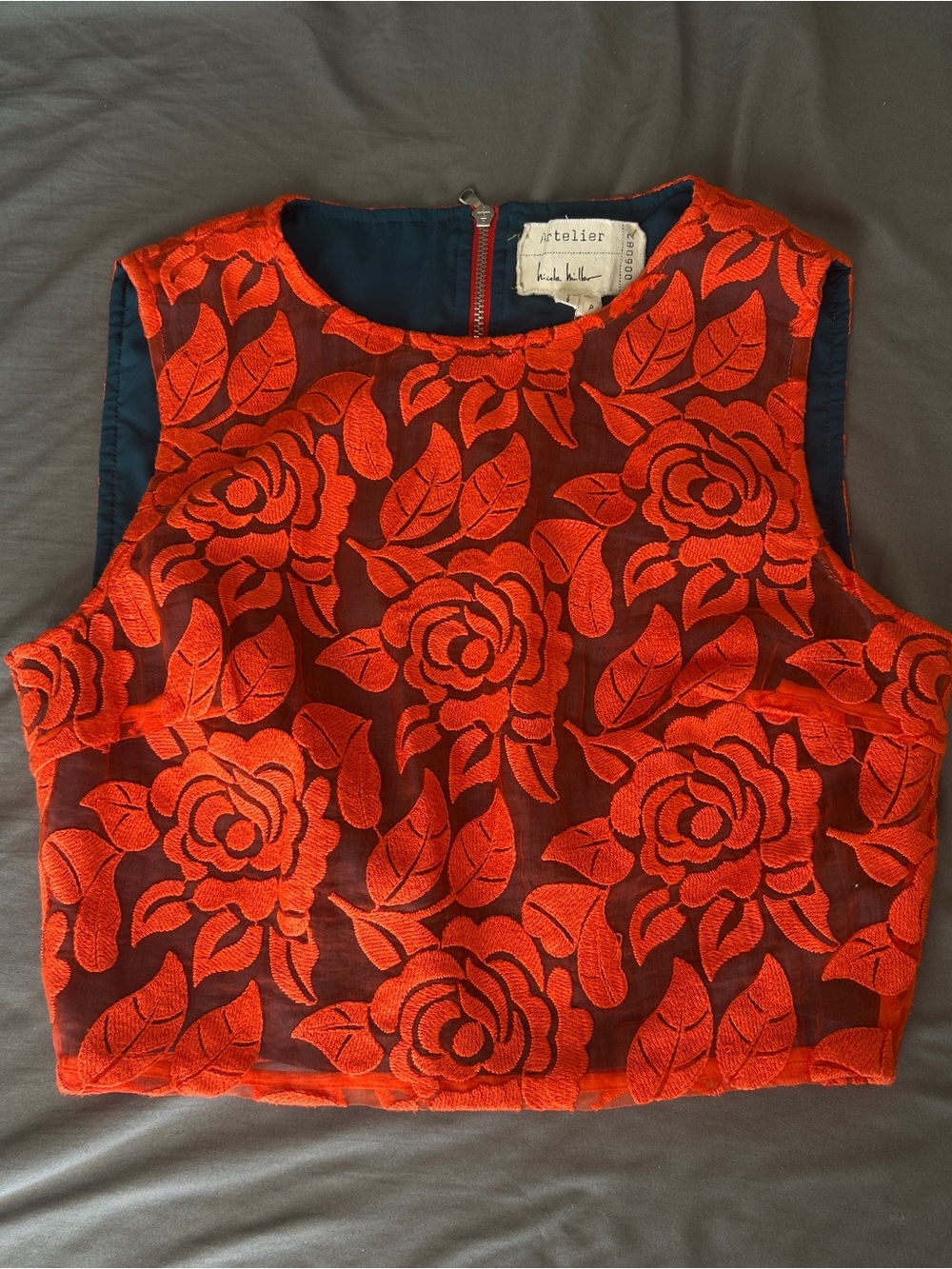 Nicole Miller Red Floral Embroidered Crop Top